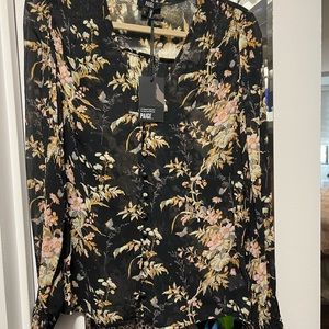 Paige blouse multi tropical print w/ matching buttons V neck line sheer